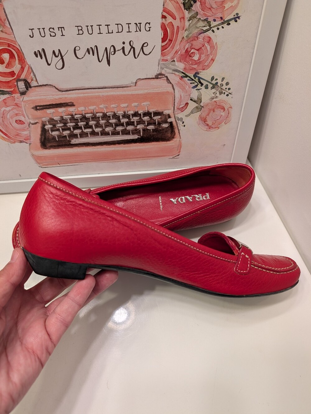 ❤️ Vintage Prada Pebble Leather Slip On Loafers with Metal Logo Bar, 🍒 Red 38.5 - Picture 11 of 16